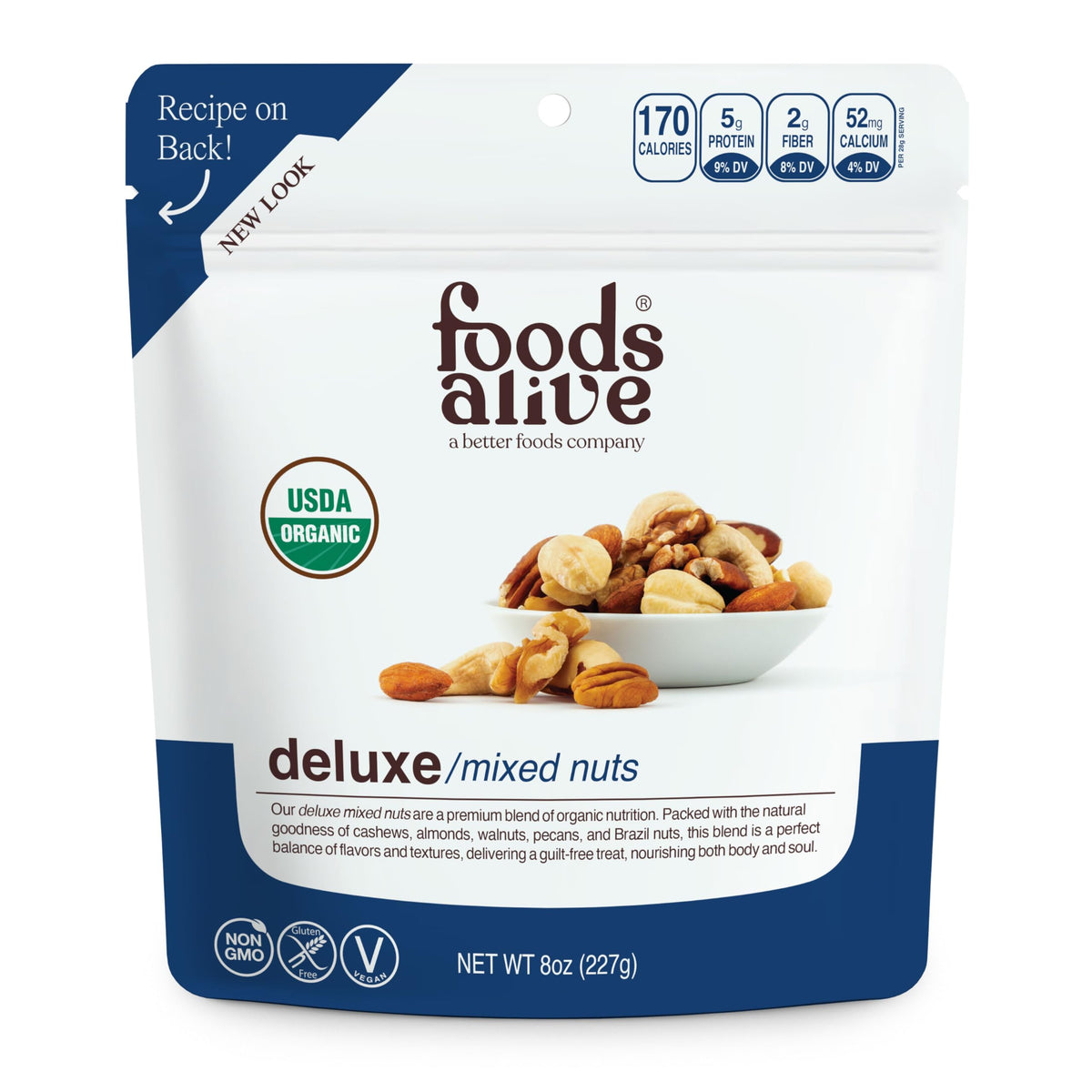 Foods Alive deluxe mixed nuts packshot showing premium organic blend for snacking