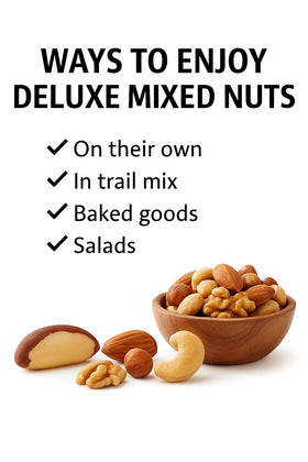 Foods Alive deluxe mixed nuts resealable-bag top view emphasizing convenience for on-the-go snacking
