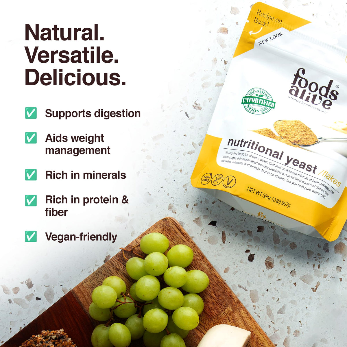 Foods Alive box open shows powder ready to sprinkle as vegan cheese substitute