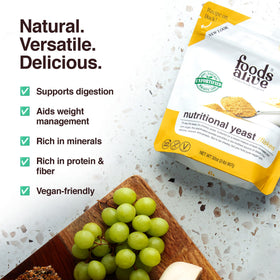 Foods Alive box open shows powder ready to sprinkle as vegan cheese substitute