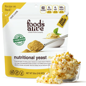 Foods Alive Nutritional Yeast Flakes package front highlighting unfortified vegan appeal