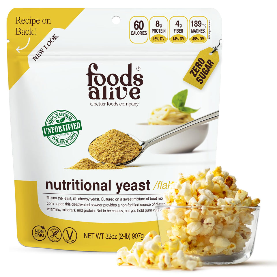 Foods Alive Nutritional Yeast Flakes package front highlighting unfortified vegan appeal