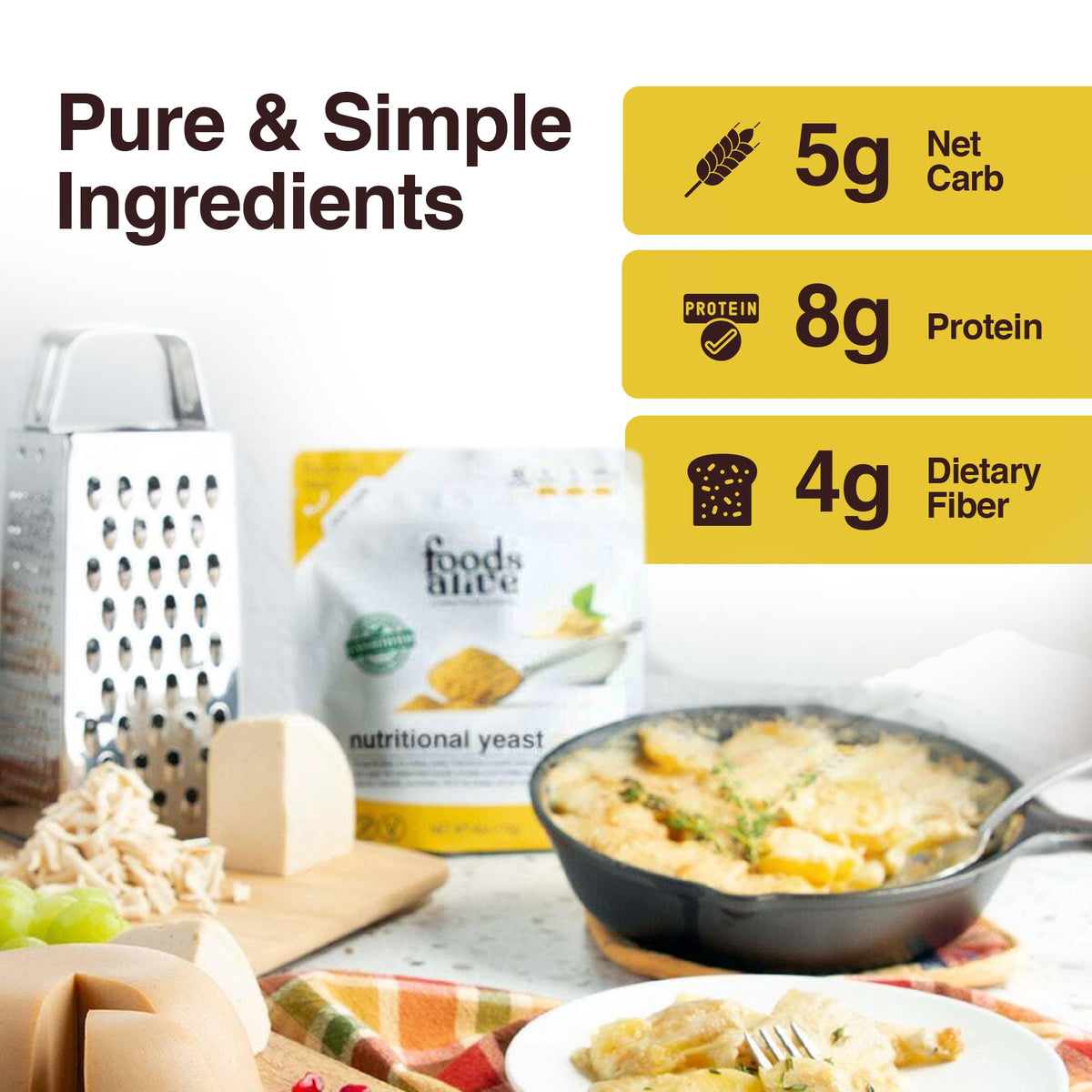 Foods Alive Nutritional Yeast Flakes sprinkled over pasta for a rich, savory topping