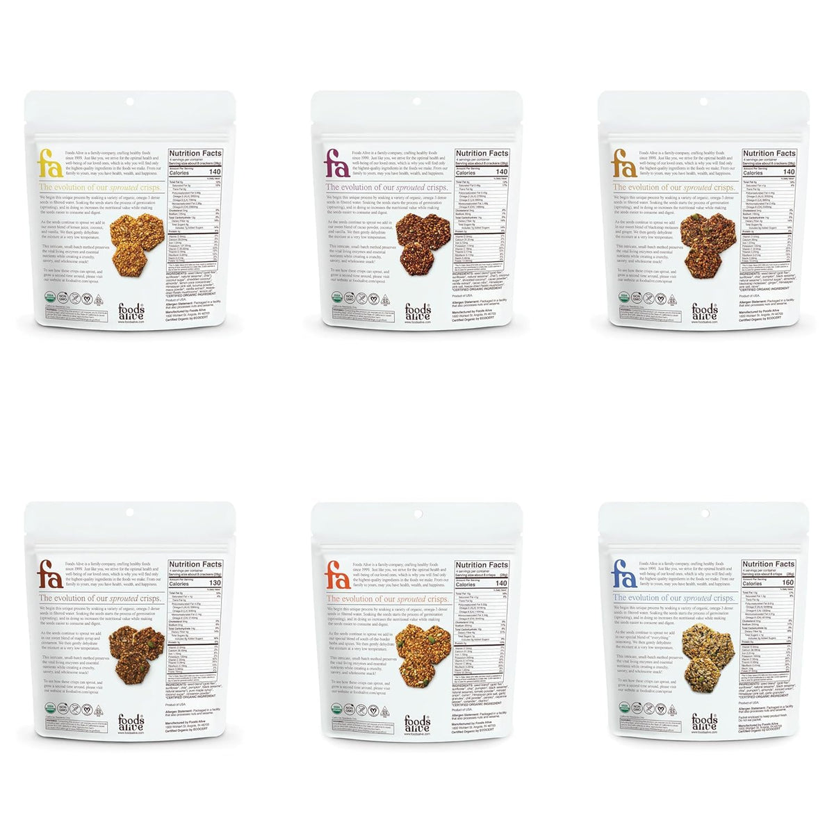 Foods Alive sprouted crisps assortment – gluten-free, vegan variety for day-long energy.