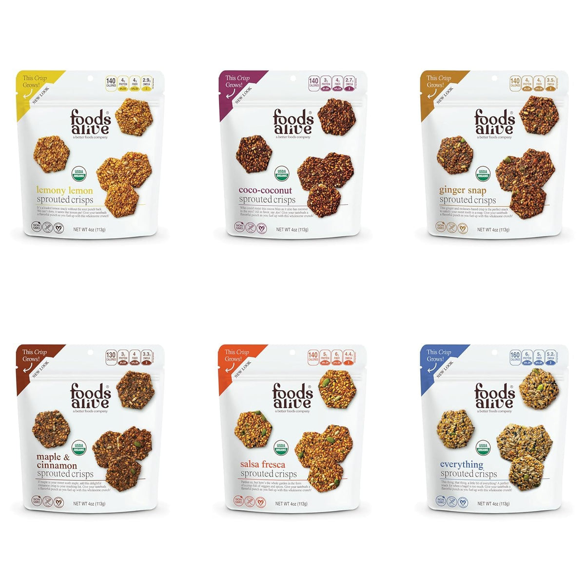 Foods Alive Sprouted Crisps bundle with six flavors for on-the-go wholesome snacking.