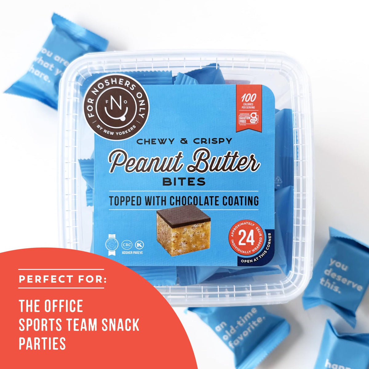 For Noshers Only Peanut Butter Bites with chocolate coating highlighting creamy texture