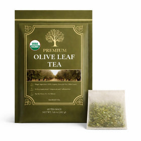 For Vitality Organic Olive Leaf Tea bag closeup showing purity and natural aroma.