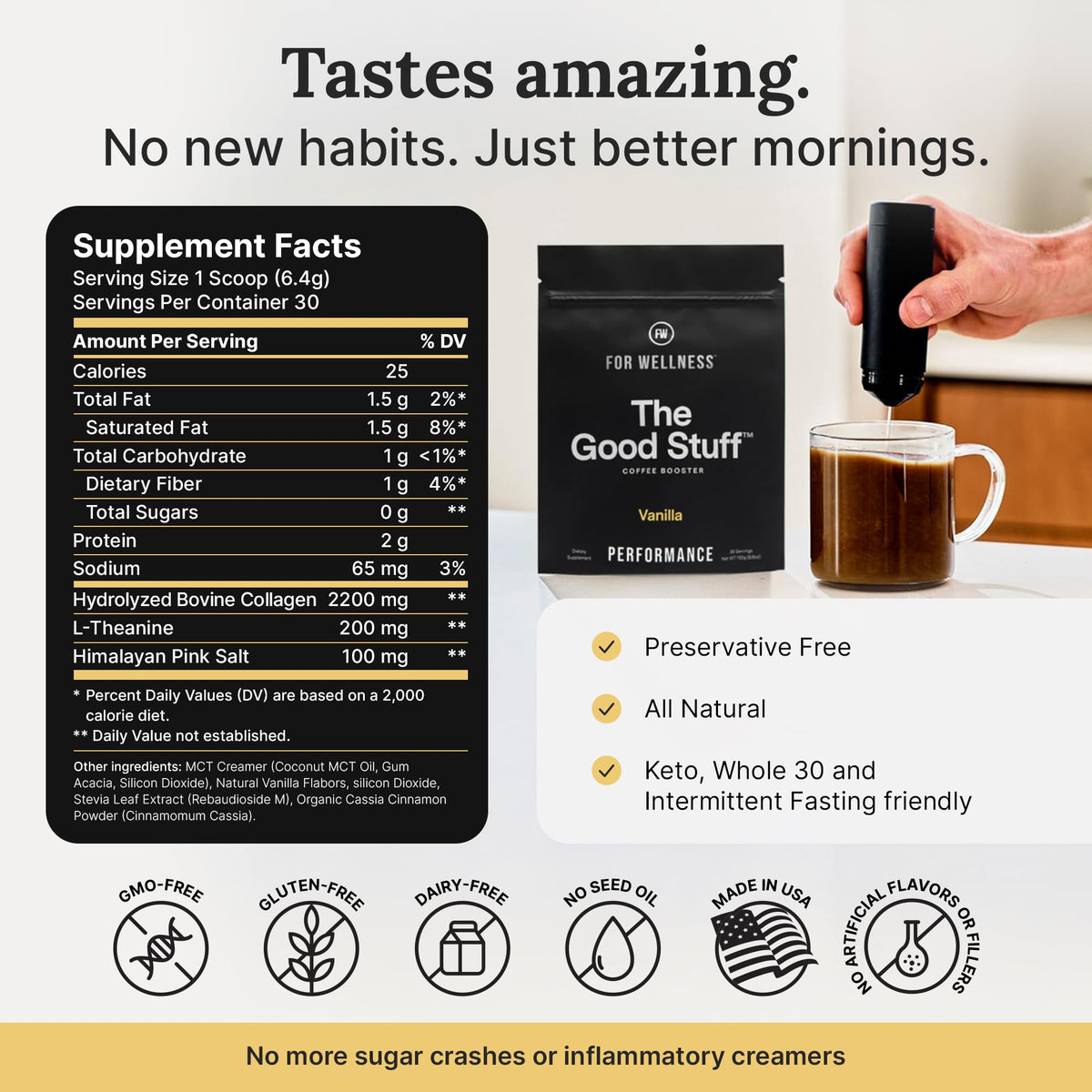 For Wellness The Good Stuff vanilla coffee booster packaging suggests a ready-to-mix daily ritual.