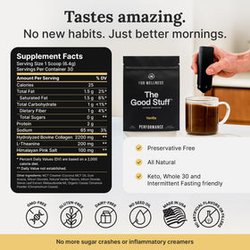 For Wellness The Good Stuff vanilla coffee booster packaging suggests a ready-to-mix daily ritual.
