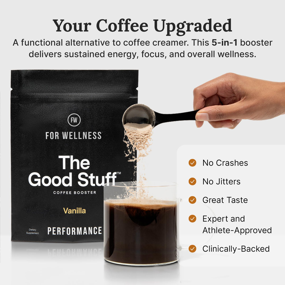 For Wellness The Good Stuff vanilla coffee booster scoop enables quick, creamy energy mix.
