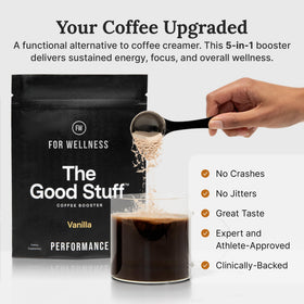 For Wellness The Good Stuff vanilla coffee booster scoop enables quick, creamy energy mix.