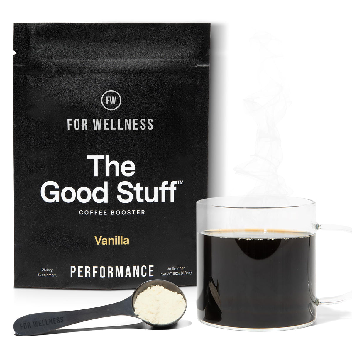 For Wellness The Good Stuff vanilla coffee booster tub enhances morning focus with clean energy.