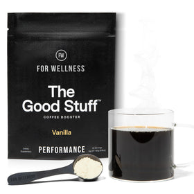 For Wellness The Good Stuff vanilla coffee booster tub enhances morning focus with clean energy.