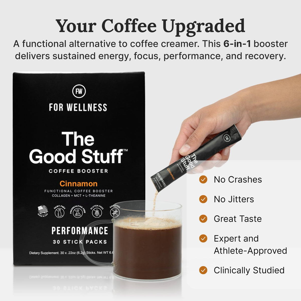 For Wellness The Good Stuff Cinnamon Coffee Booster mug with espresso shows a morning ritual.