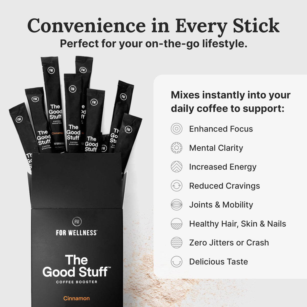 For Wellness The Good Stuff Cinnamon Coffee Booster packaging label highlights keto-friendly ingredients.