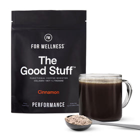 For Wellness The Good Stuff cinnamon coffee booster packaging, keto-friendly creamer option.