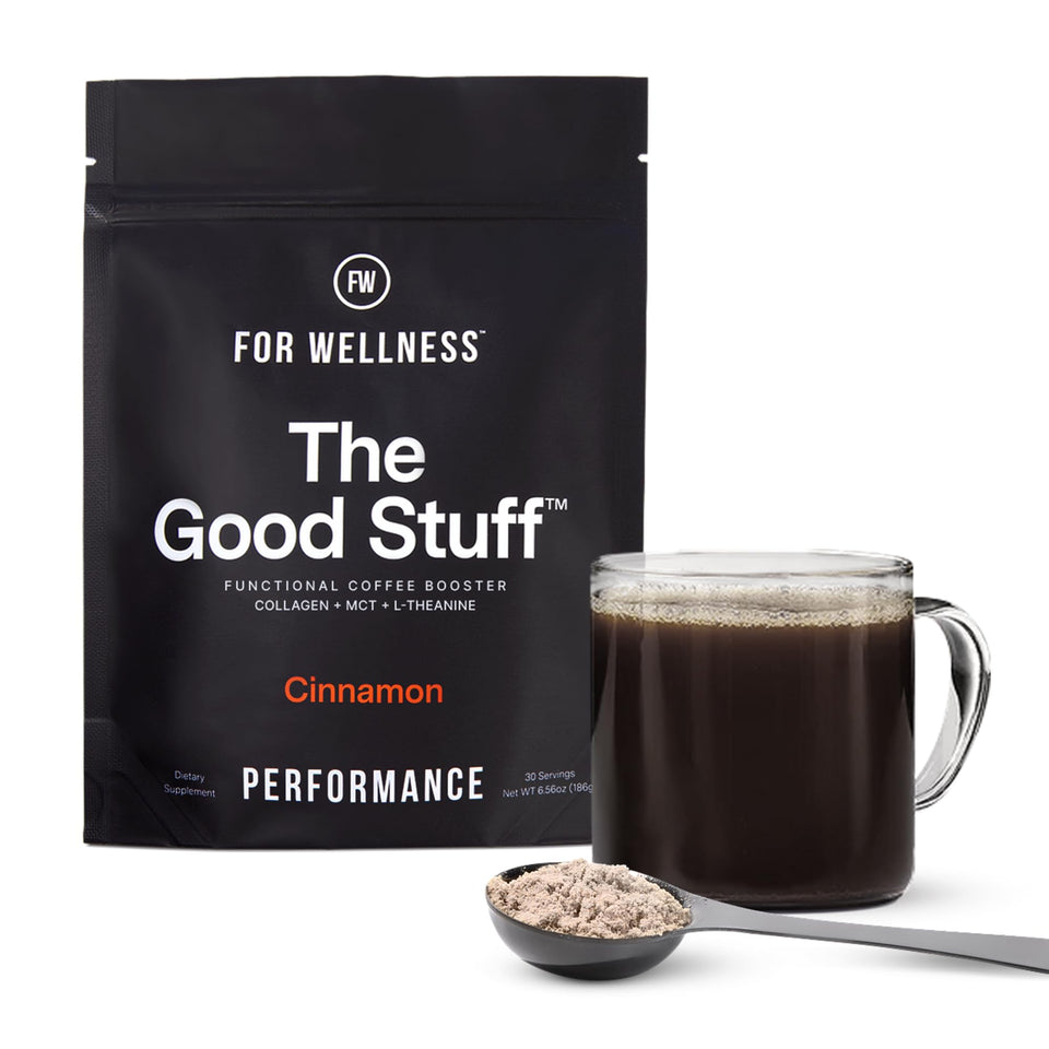 For Wellness The Good Stuff cinnamon coffee booster packaging, keto-friendly creamer option.
