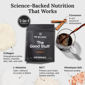 For Wellness The Good Stuff pour image, creamy cinnamon texture in coffee.