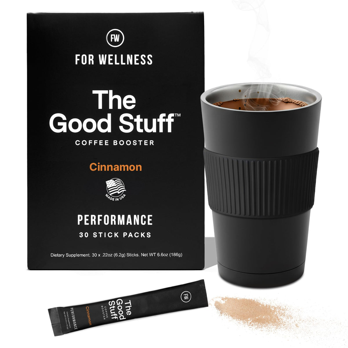 For Wellness The Good Stuff Cinnamon Coffee Booster powder scoop ensures precise servings.