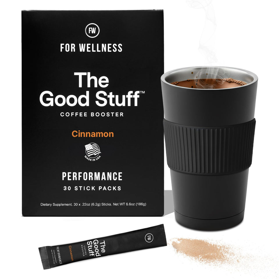 For Wellness The Good Stuff Cinnamon Coffee Booster powder scoop ensures precise servings.