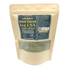 ForagedWild Mormon Tea stand-up pouch, kraft packaging with desiccant for freshness.