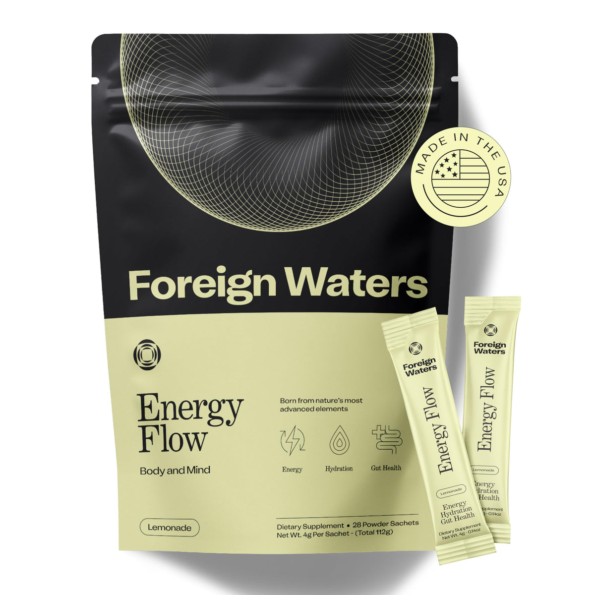 Foreign Waters Energy sachet packet ready to mix for focused workouts.