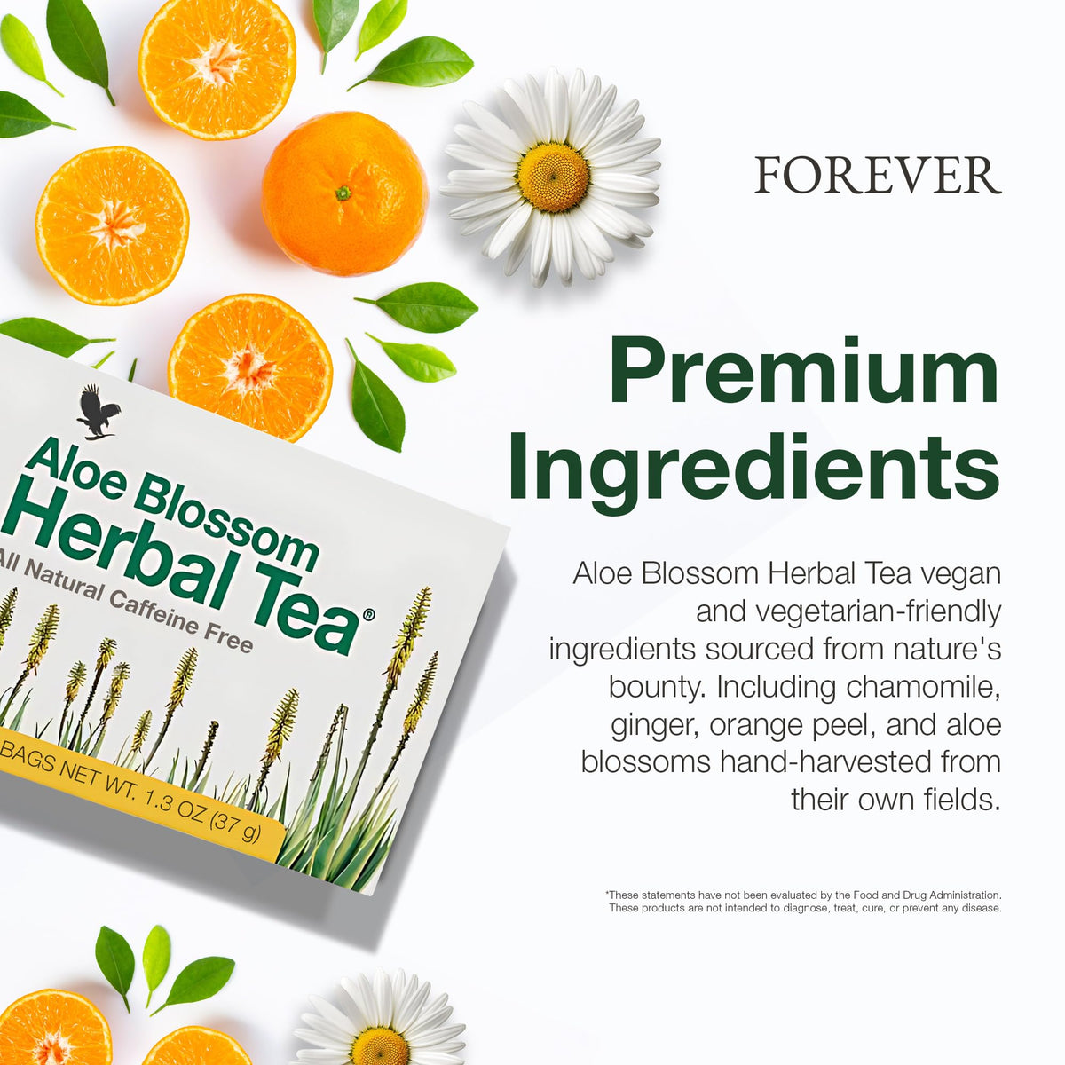Forever Living Aloe Blossom Tea features chamomile, ginger, and orange peel for a fragrant experience.