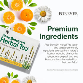 Forever Living Aloe Blossom Tea features chamomile, ginger, and orange peel for a fragrant experience.