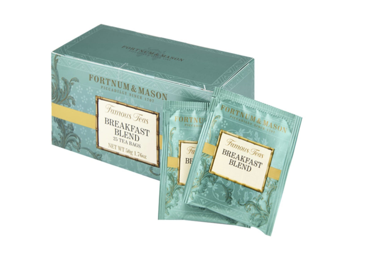 Fortnum & Mason Breakfast Blend tea bags in a box, ideal for a quick morning brew.