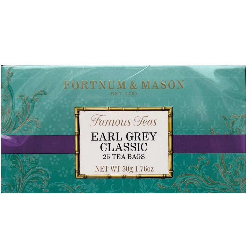 Fortnum & Mason Earl Grey Classic tea bags in a box with bergamot aroma for refined afternoon tea.