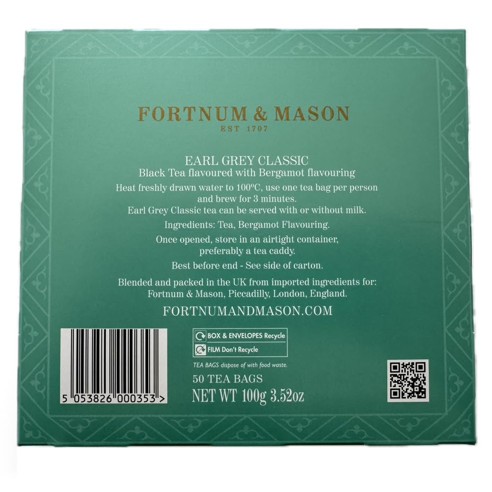 Individually wrapped Fortnum & Mason Earl Grey Classic tea bags for freshness.