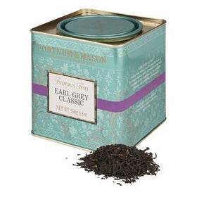 Fortnum & Mason Earl Grey tea 250g can front view, elegant packaging for refined tea rituals.