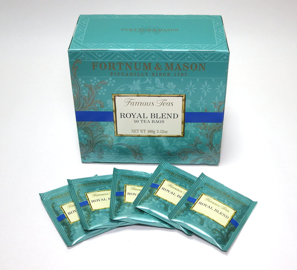 Fortnum & Mason Royal Blend tea box; keeps tea fresh for daily brewing.
