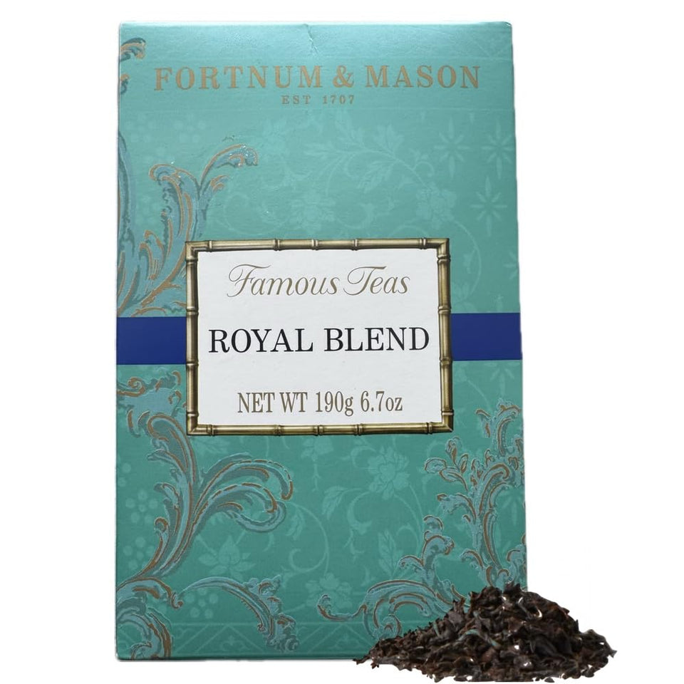 Fortnum and Mason Royal Blend card box packaging for premium loose tea