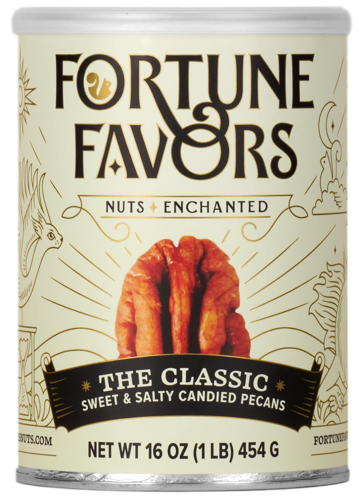 Fortune Favors candied pecans in classic 16oz bag, sweet-salty snack.