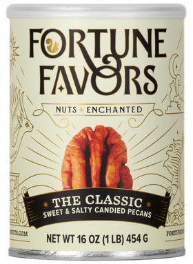 Fortune Favors candied pecans in classic 16oz bag, sweet-salty snack.