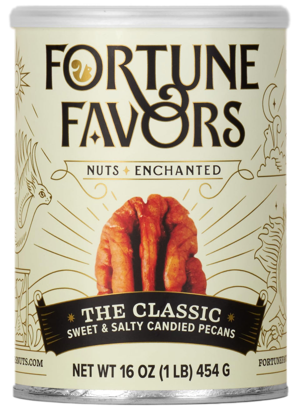Fortune Favors candied pecans in classic 16oz bag, sweet-salty snack.