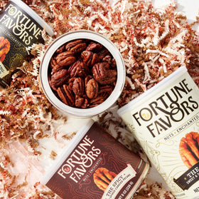 Fortune Favors Candied Pecans spice-seed crunch image with seeds popping with flavor in every bite.