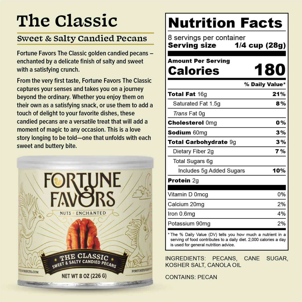 Fortune Favors Candied Pecans jar display highlights small-batch craftsmanship and USA-grown pecans.