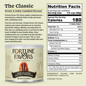 Fortune Favors Candied Pecans jar display highlights small-batch craftsmanship and USA-grown pecans.