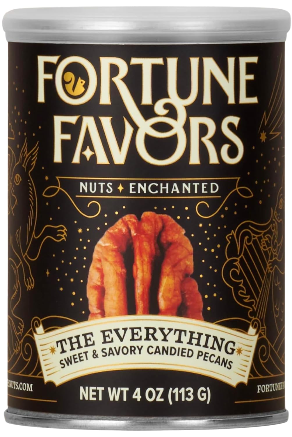 Fortune Favors Everything Candied Pecans 4oz bottle provides a convenient, flavorful snack.