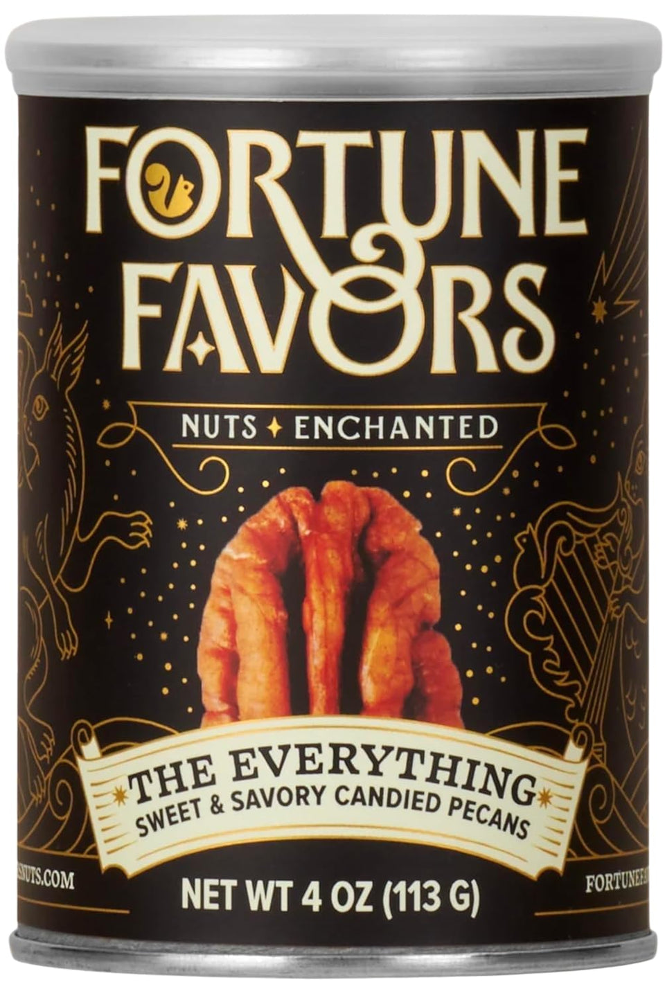 Fortune Favors Everything Candied Pecans 4oz bottle provides a convenient, flavorful snack.