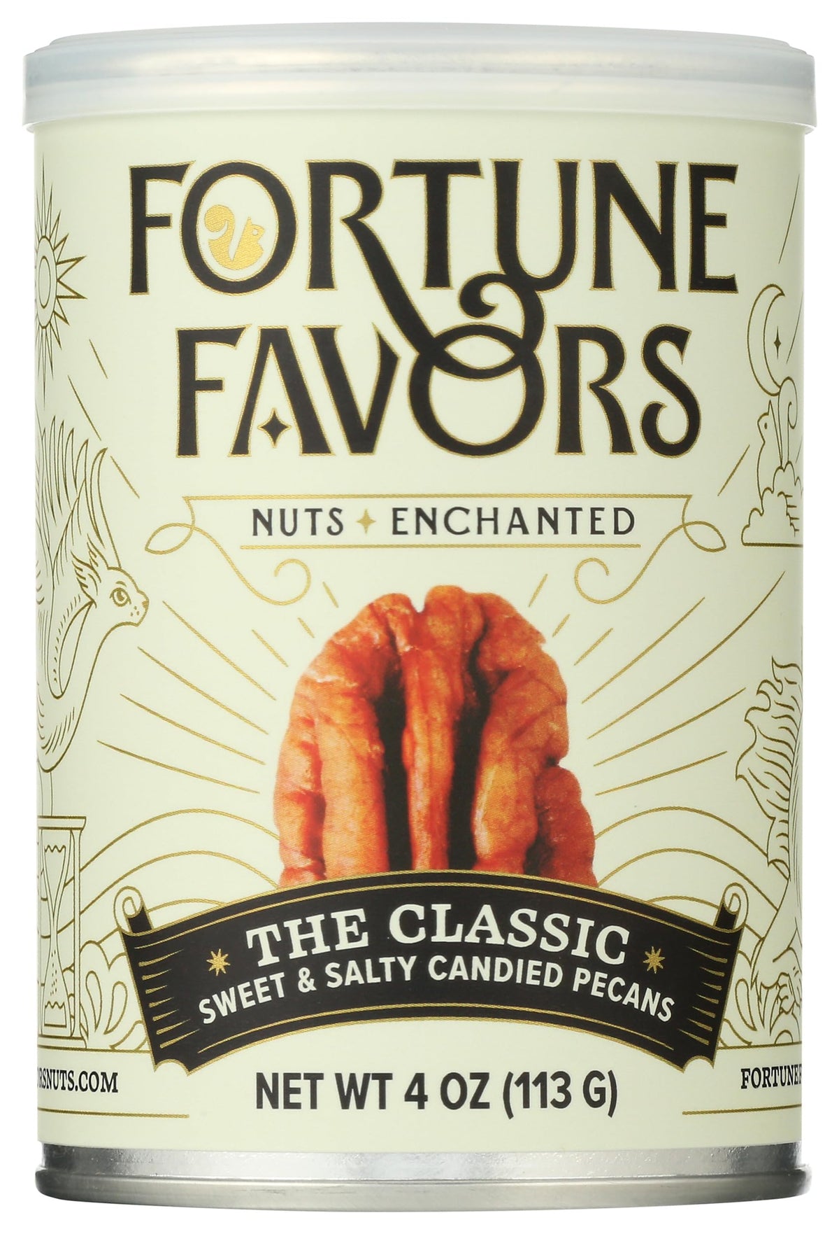 Fortune Favors pecans in a classic bag, crispy sweet-salty snack ready to enjoy.
