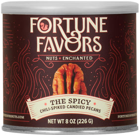 Fortune Favors candied pecans with golden glaze close-up, perfect for on-the-go snacking.
