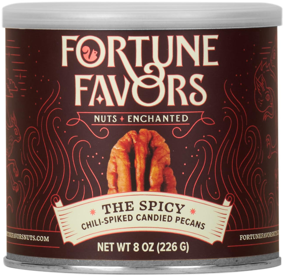 Fortune Favors candied pecans with golden glaze close-up, perfect for on-the-go snacking.