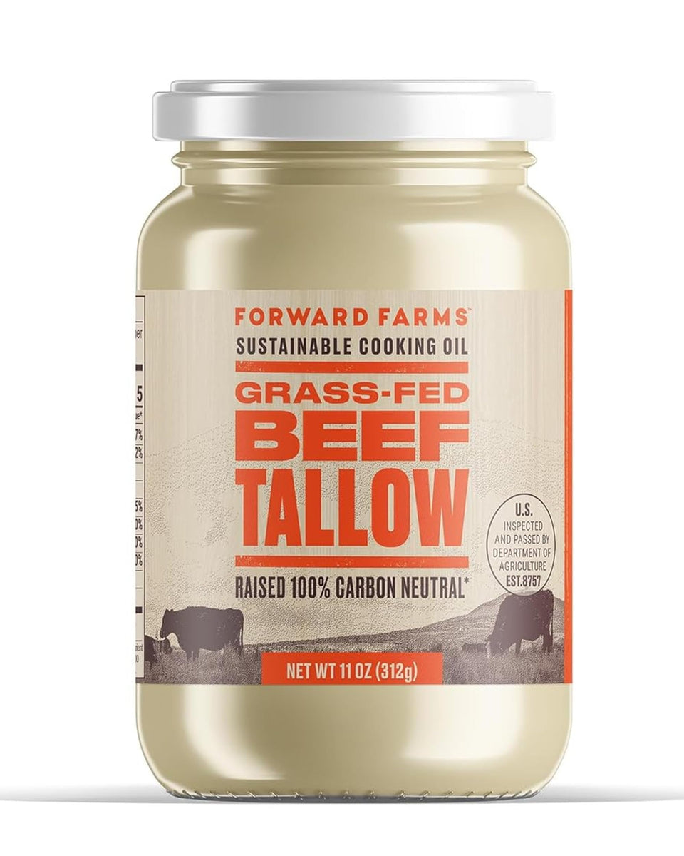 Forward Farms beef tallow 11oz jar ready for searing and frying.