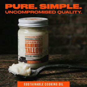 Forward Farms beef tallow pouring, smooth rendering for pan cooking.