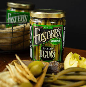 Foster's gluten-free vegan pickles label communicates plant-based quality.