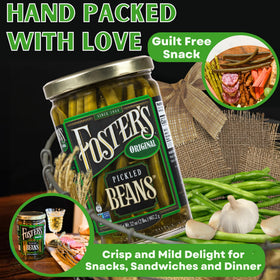 Foster's green beans jar close-up reveals crisp texture for crunchy bites.