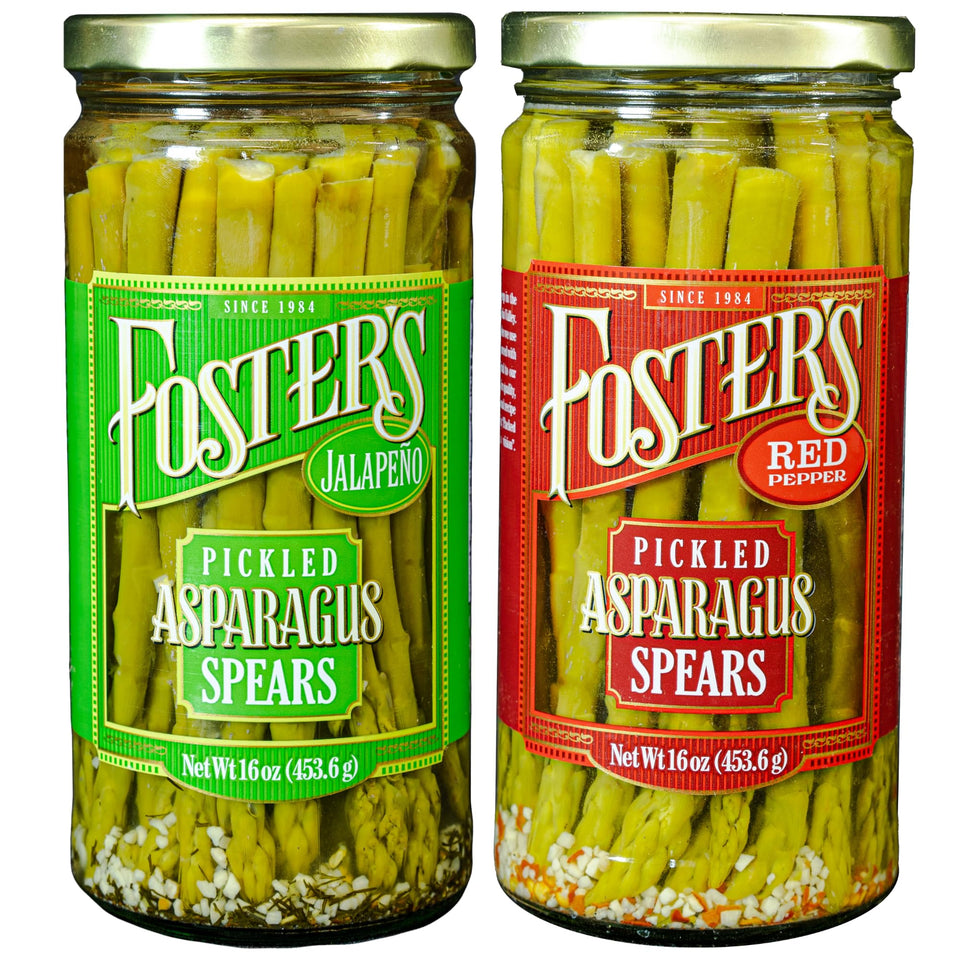 Foster's Since 1984 hot pickled asparagus spears jalapeno jar for bold appetizers.